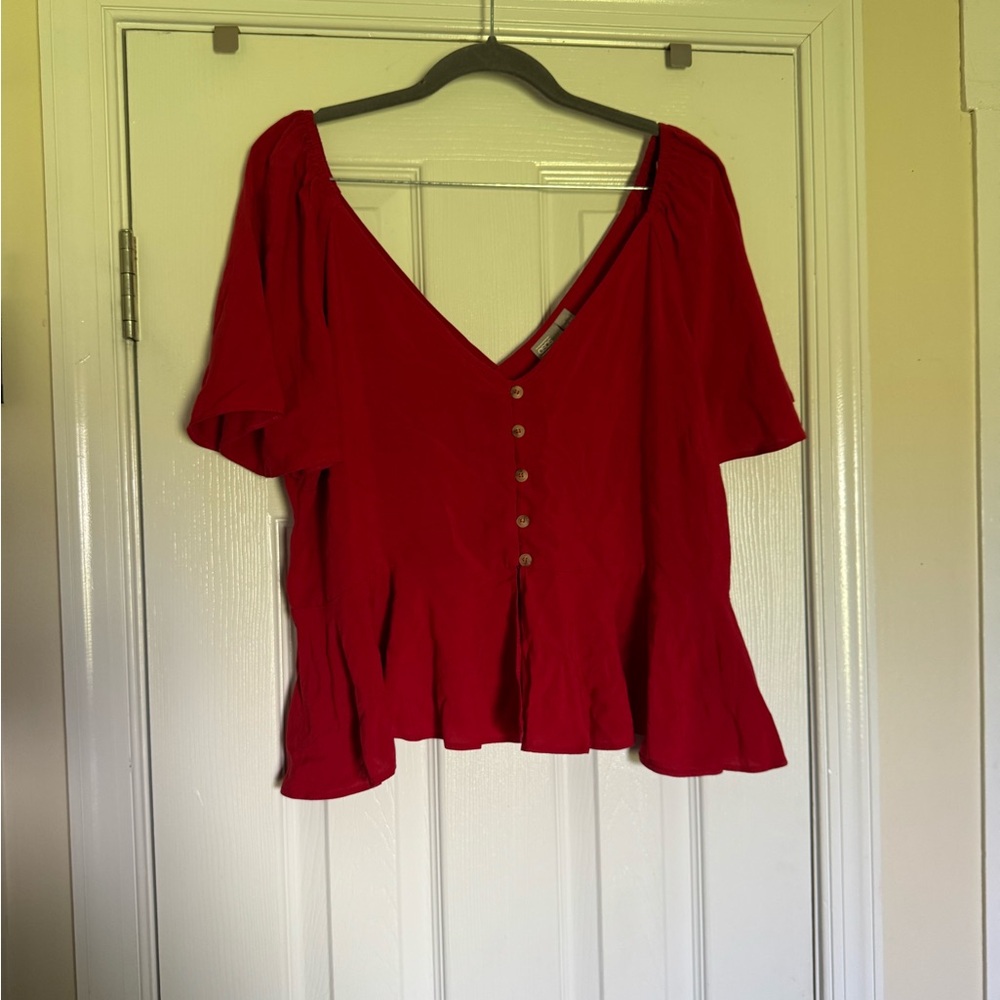 Red V-Neck Buttoned Women's Top